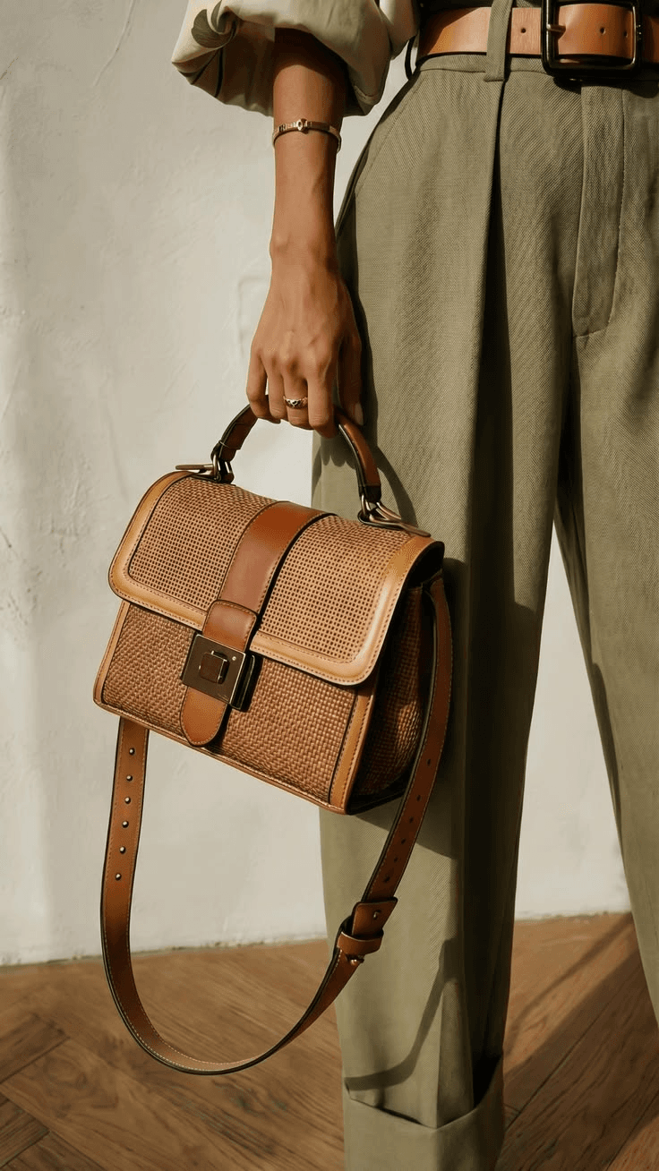 Tan leather satchel carried alongside olive trousers