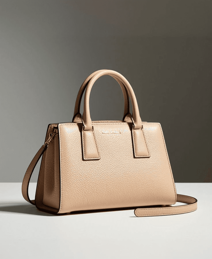 Beige structured handbag on a grey backdrop