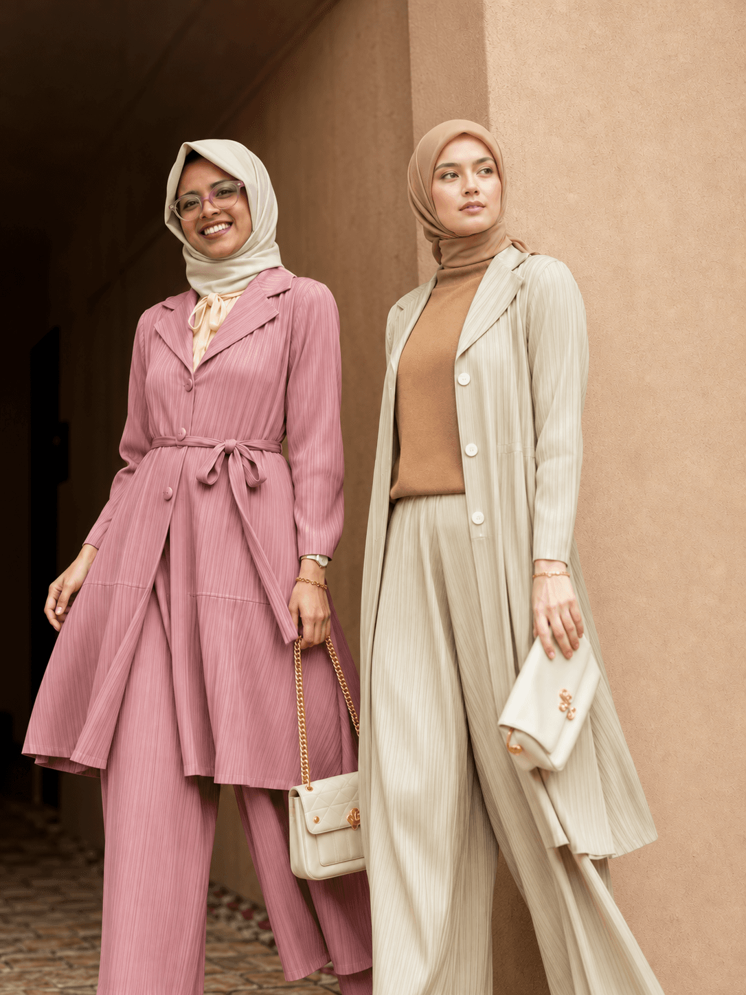Two models in hijab wearing a pink and a cream modest outfit