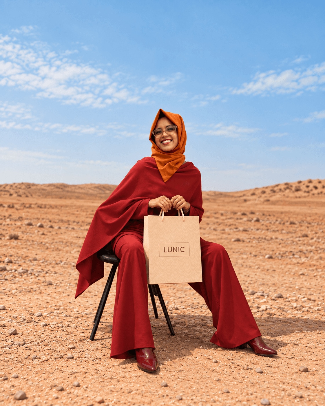 Model in a deep red hijab and matching set seated in the desert with a Lunic shopping bag