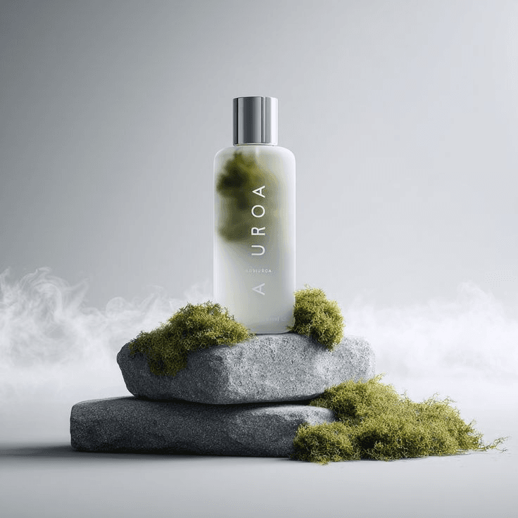 Skincare bottle balanced on mossy stones